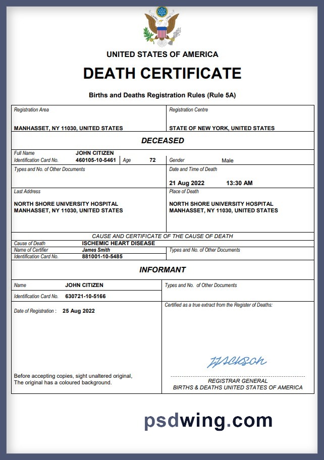 USA Vital Record Death Certificate (Word & PDF)